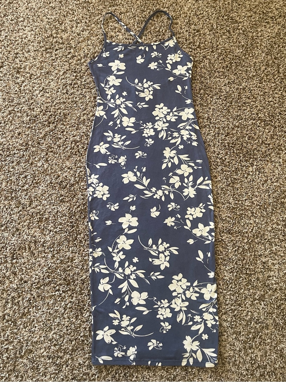 Papermoon Navy Blue White Floral Midi Dress Size Medium Spaghetti Strap